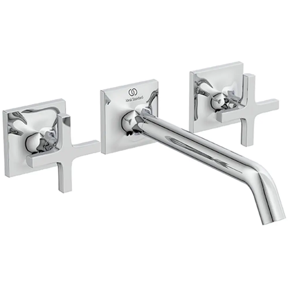 Wandarmatur in Chrom-Optik mit zwei Kreuzgriffen von Ideal Standard, verbunden durch einen gebogenen Auslauf. Geeignet für die Montage an einer Wand.